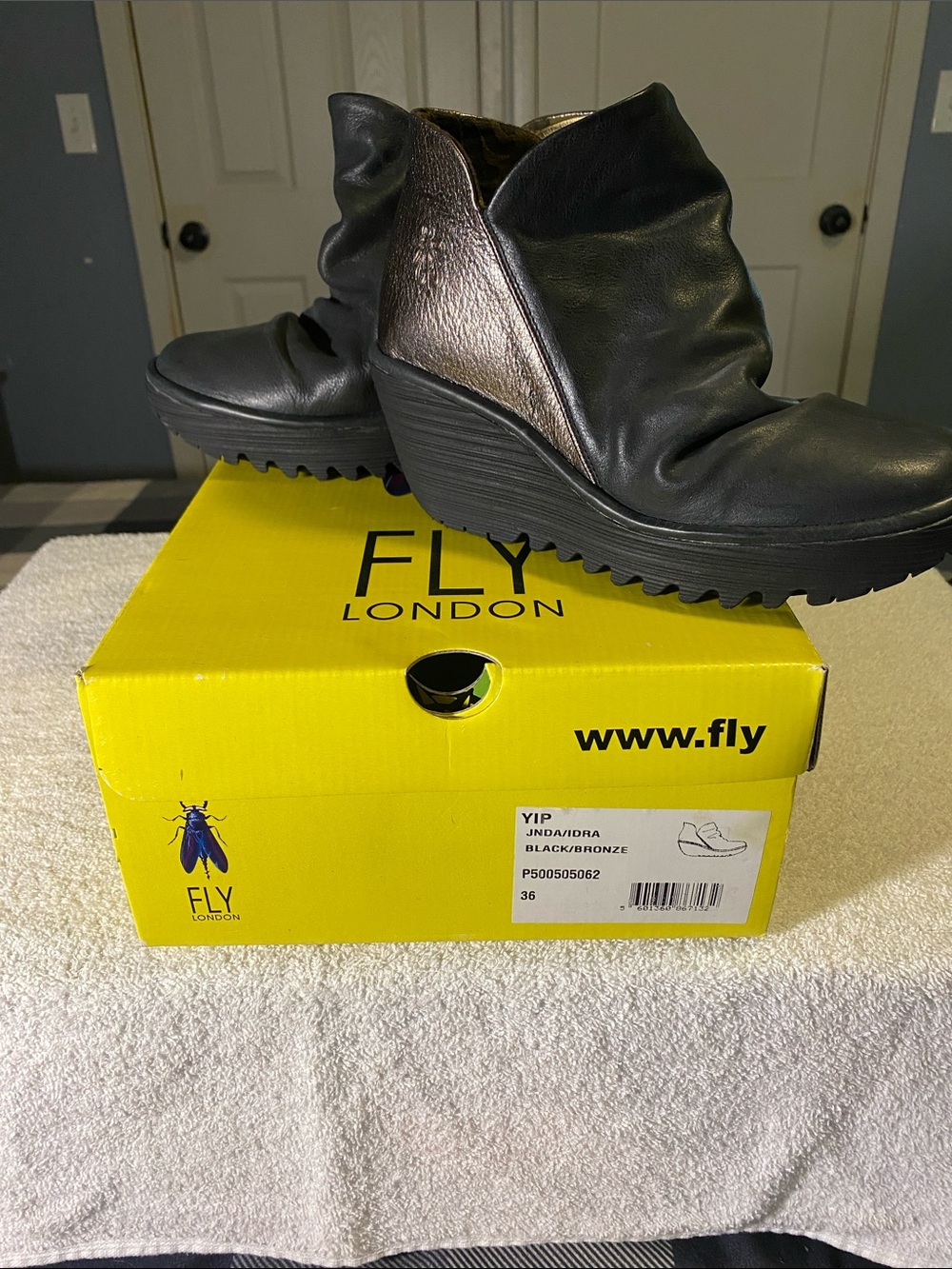 Fly London Black and Bronze Wedge Ankle Booties